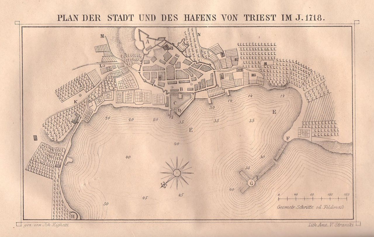 Trieste prima dell'istituzione del porto franco. Il Borgo Teresiano è ancora costituito da saline, mentre attorno alla Cittavecchia vi sono solo aree agricole.
