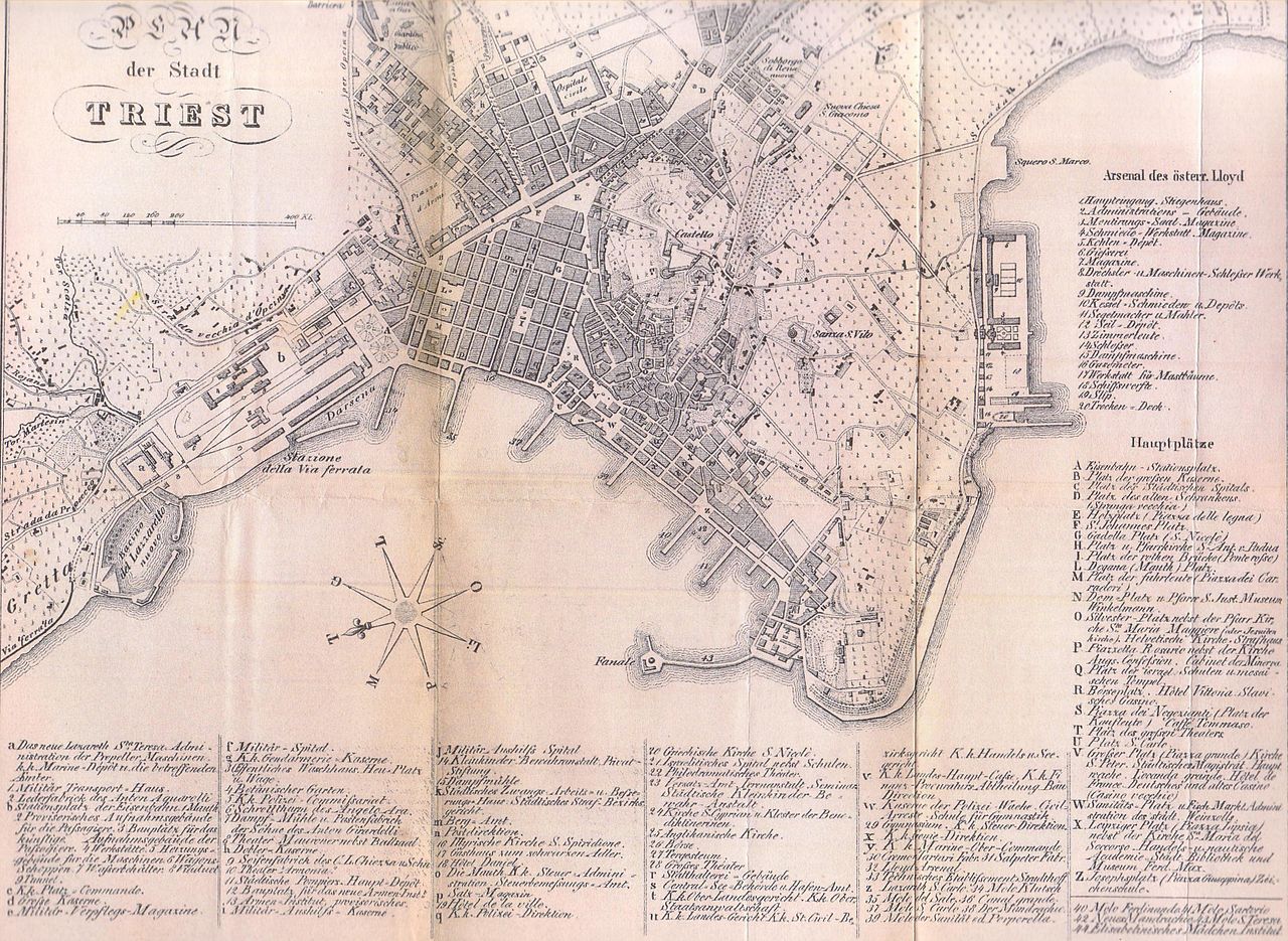 Trieste nel 1857, 138 anni dopo la proclamazione del porto franco, al momento dell'arrivo della ferrovia